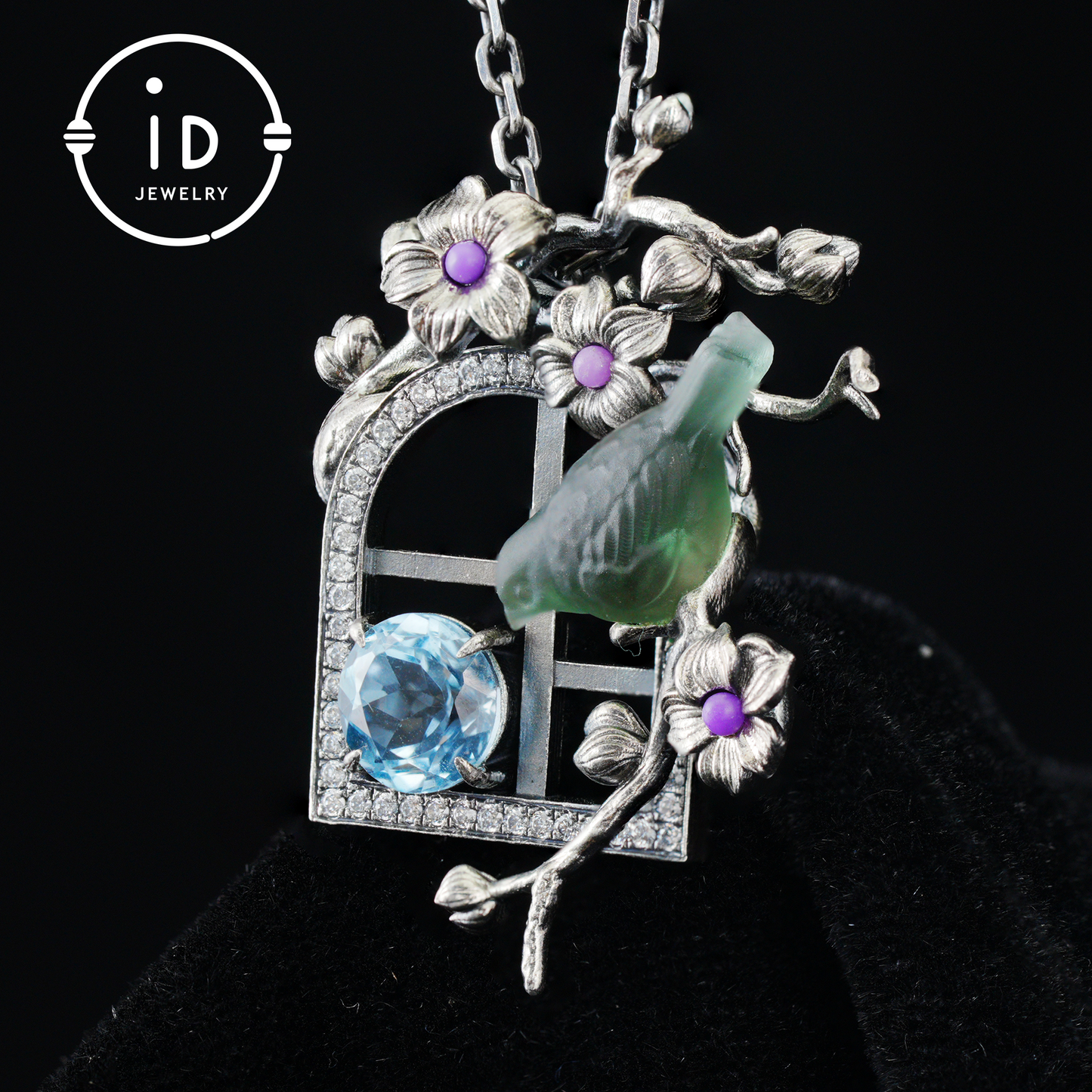 Green Bird Pendant Necklace at Window | Hand-Carved Silver Floral Bird Jewelry | Whimsical Springtime Gift for Nature Lovers and Dreamers