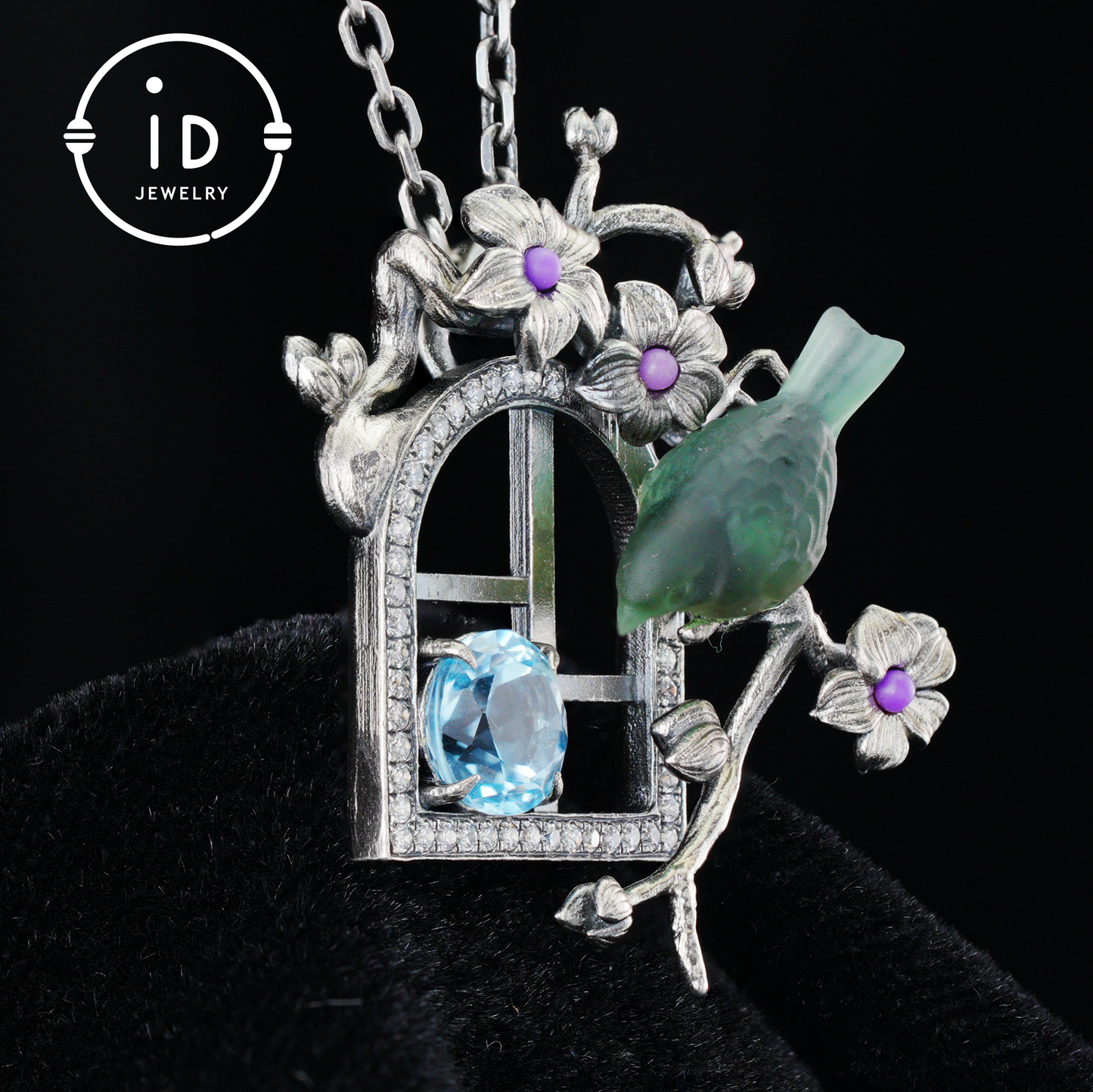 Green Bird Pendant Necklace at Window | Hand-Carved Silver Floral Bird Jewelry | Whimsical Springtime Gift for Nature Lovers and Dreamers