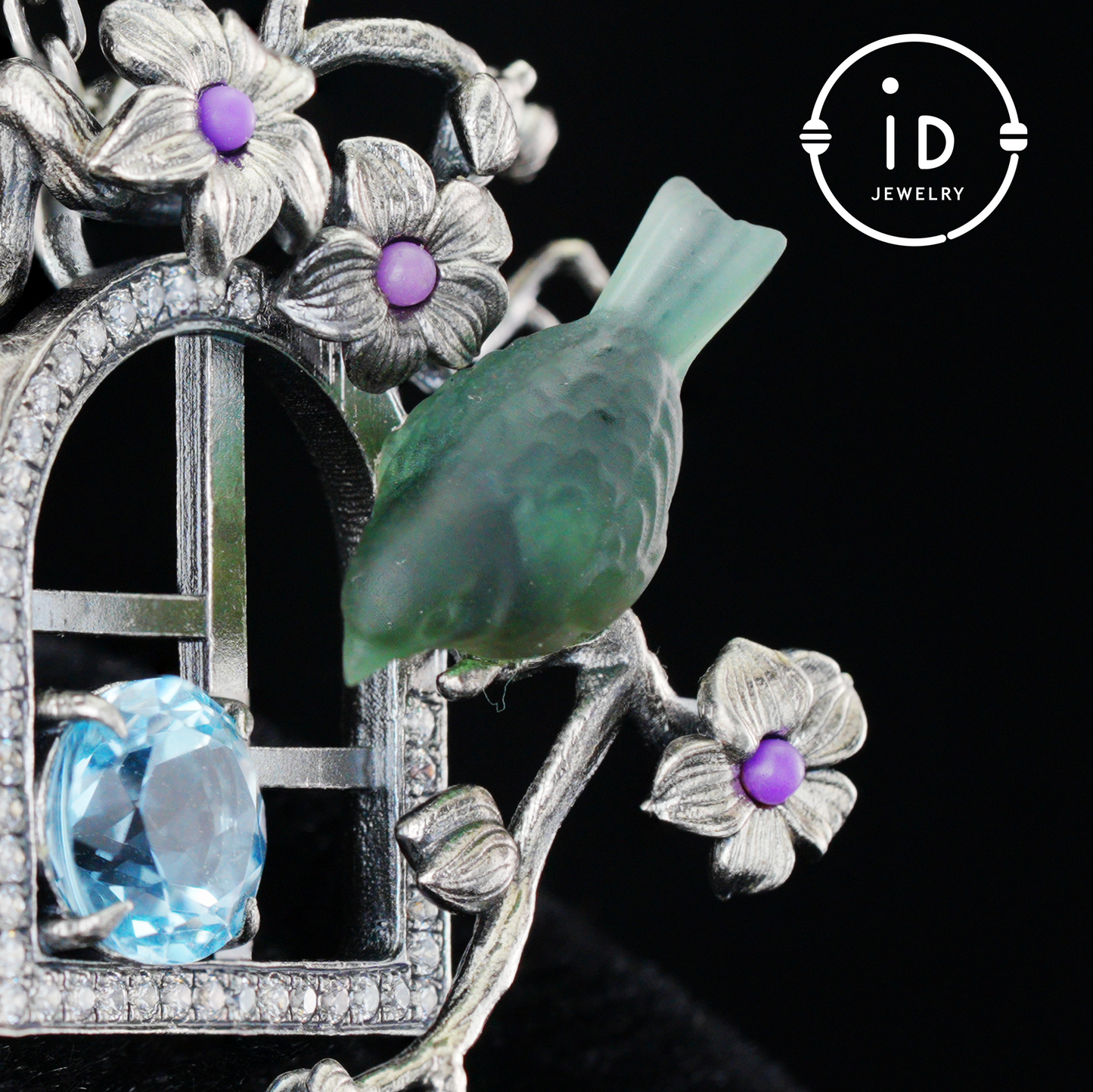 Green Bird Pendant Necklace at Window | Hand-Carved Silver Floral Bird Jewelry | Whimsical Springtime Gift for Nature Lovers and Dreamers