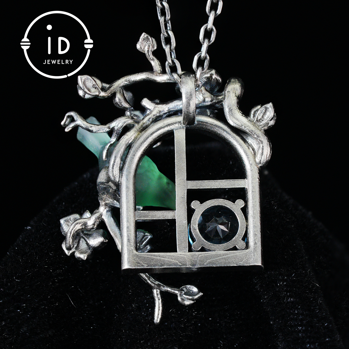 Green Bird Pendant Necklace at Window | Hand-Carved Silver Floral Bird Jewelry | Whimsical Springtime Gift for Nature Lovers and Dreamers