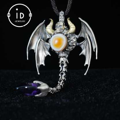 Gothic Totem Pendant | Amethyst Drop & Opal Eye | Handmade 925 Silver & Brass Necklace for Him
