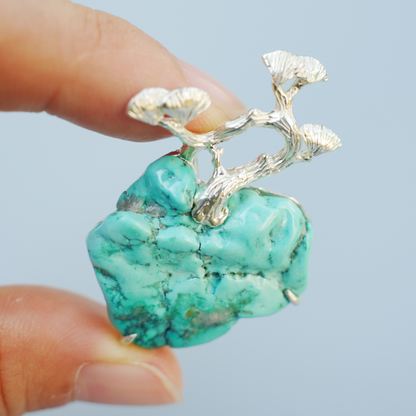 Raw Turquoise Pendant Brooch | 925 Silver Tree Jewelry | Nature Gift for Her