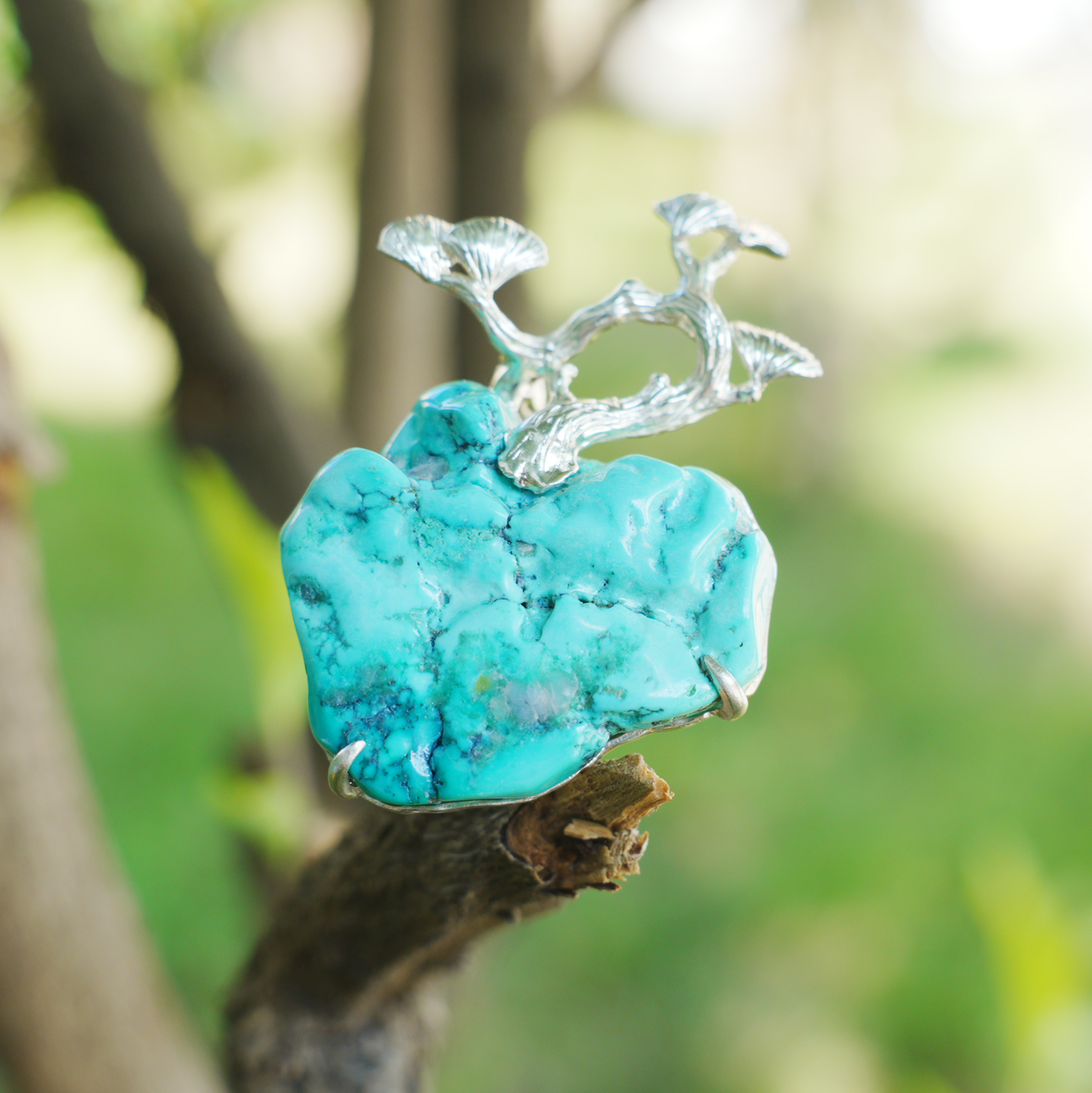 Raw Turquoise Pendant Brooch | 925 Silver Tree Jewelry | Nature Gift for Her