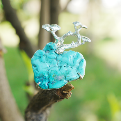 Raw Turquoise Pendant Brooch | 925 Silver Tree Jewelry | Nature Gift for Her