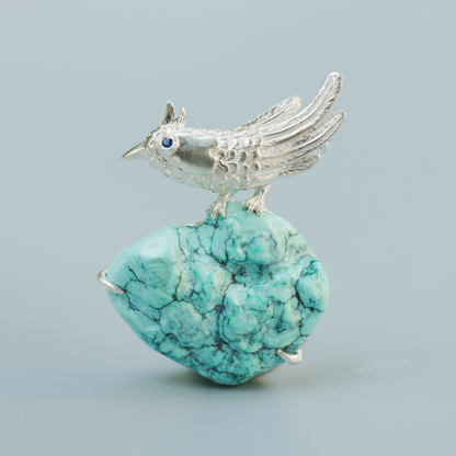 Nightingale Brooch in 925 Silver and Turquoise, Handmade Animal Talisman, Artistic Gift