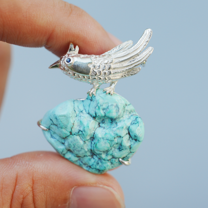 Nightingale Brooch in 925 Silver and Turquoise, Handmade Animal Talisman, Artistic Gift