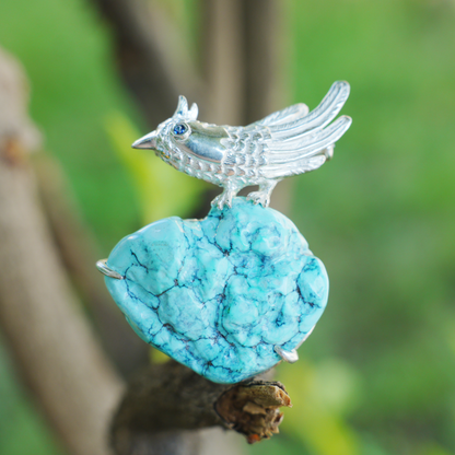 Nightingale Brooch in 925 Silver and Turquoise, Handmade Animal Talisman, Artistic Gift