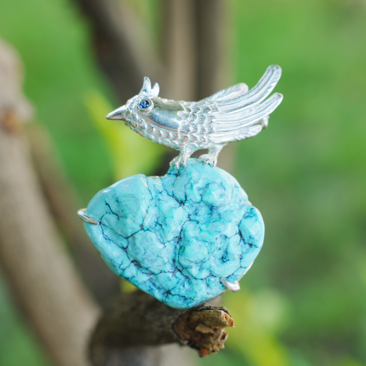 Nightingale Brooch in 925 Silver and Turquoise, Handmade Animal Talisman, Artistic Gift