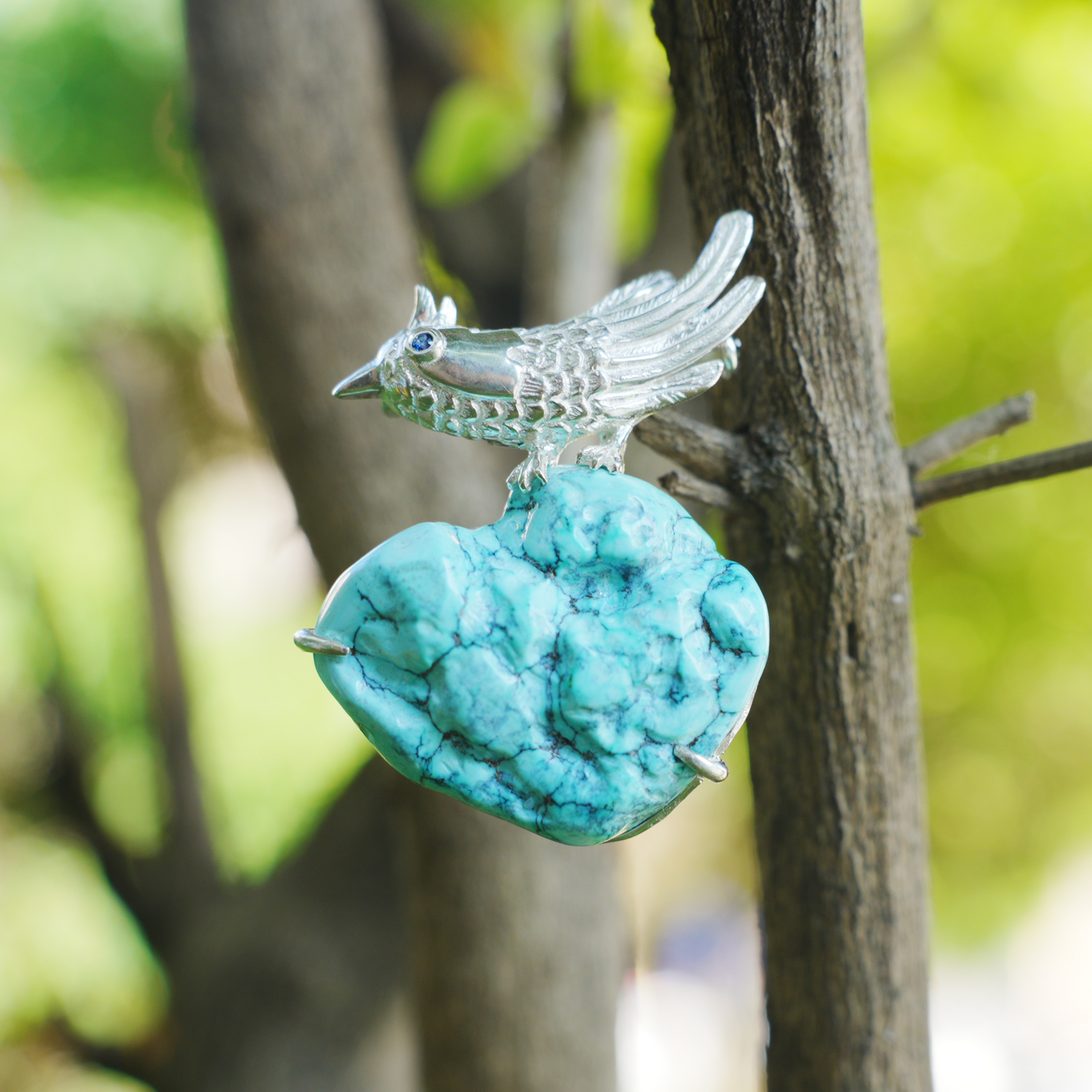 Nightingale Brooch in 925 Silver and Turquoise, Handmade Animal Talisman, Artistic Gift