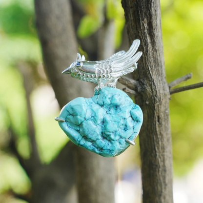 Nightingale Brooch in 925 Silver and Turquoise, Handmade Animal Talisman, Artistic Gift