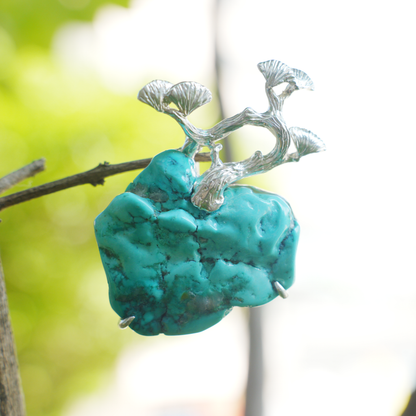 Raw Turquoise Pendant Brooch | 925 Silver Tree Jewelry | Nature Gift for Her