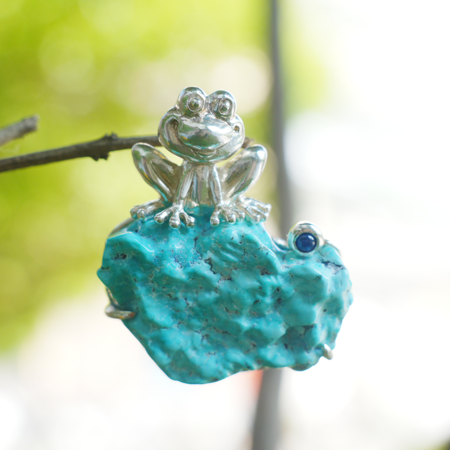 925 Silver Frog Pendant Brooch | Raw Turquoise Lucky Jewelry | Cute Gift for Her