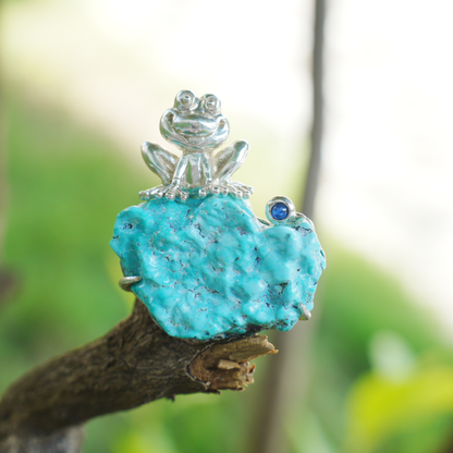 925 Silver Frog Pendant Brooch | Raw Turquoise Lucky Jewelry | Cute Gift for Her