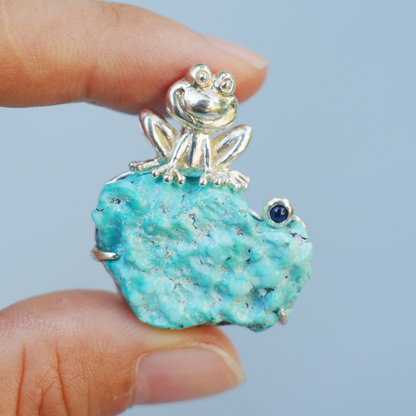 925 Silver Frog Pendant Brooch | Raw Turquoise Lucky Jewelry | Cute Gift for Her