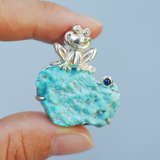 925 Silver Frog Pendant Brooch | Raw Turquoise Lucky Jewelry | Cute Gift for Her