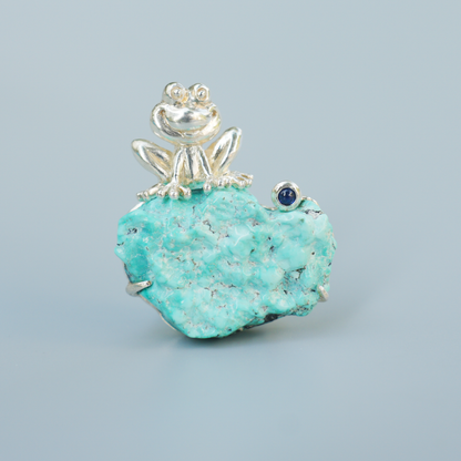 925 Silver Frog Pendant Brooch | Raw Turquoise Lucky Jewelry | Cute Gift for Her