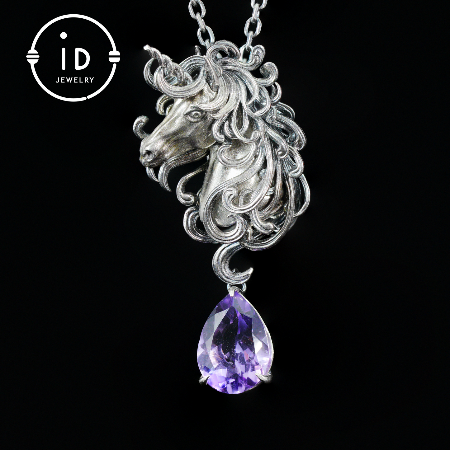 Unicorn Necklace with Amethyst Drop – 925 Sterling Silver Mystical Pendant – Fantasy Spirit Animal Jewelry for Women