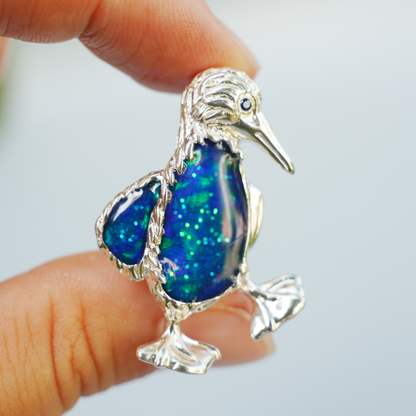 925 Silver Blue-Footed Booby Pendant Brooch | Enamel Bird Jewelry | Quirky Nature Gift for Her