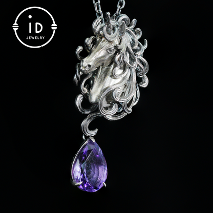 Unicorn Necklace with Amethyst Drop – 925 Sterling Silver Mystical Pendant – Fantasy Spirit Animal Jewelry for Women