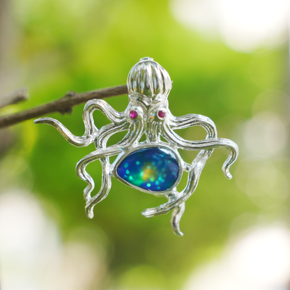 925 Silver Octopus Pendant Brooch | Enamel Ocean Jewelry | Gift for Sea Lovers & Her