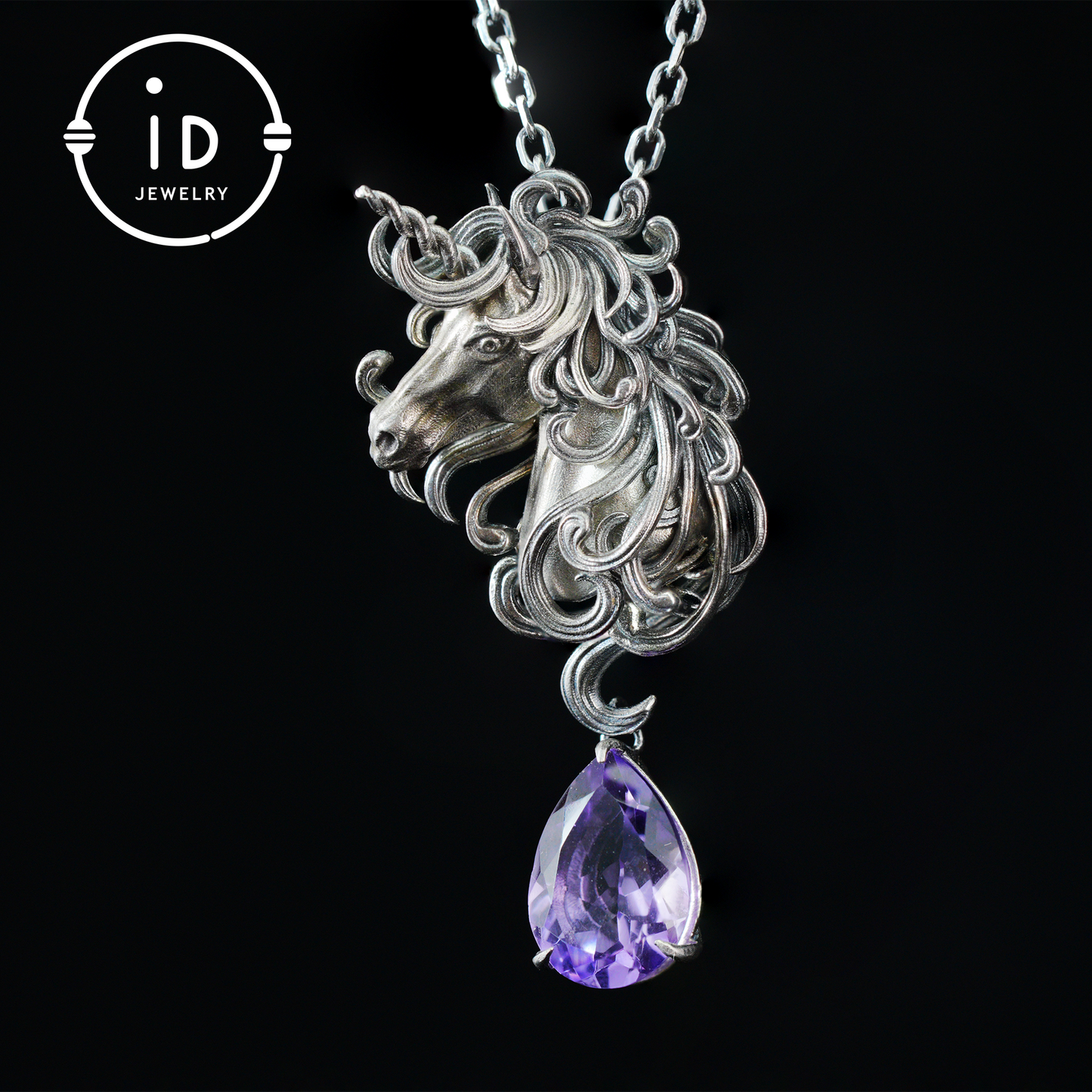 Unicorn Necklace with Amethyst Drop – 925 Sterling Silver Mystical Pendant – Fantasy Spirit Animal Jewelry for Women