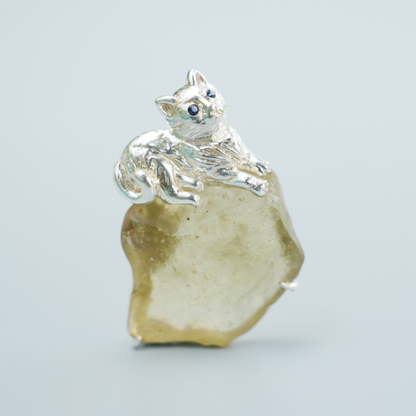 925 Silver Cat Pendant Brooch | Raw Glass Animal Totem Jewelry | Gift for Cat Lovers & Her