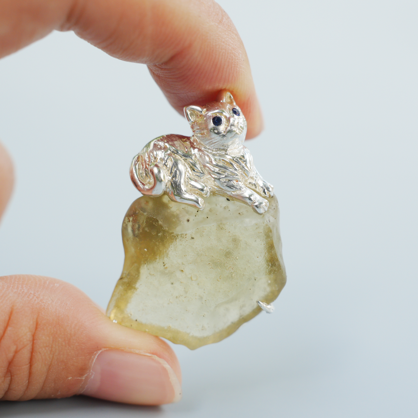 925 Silver Cat Pendant Brooch | Raw Glass Animal Totem Jewelry | Gift for Cat Lovers & Her