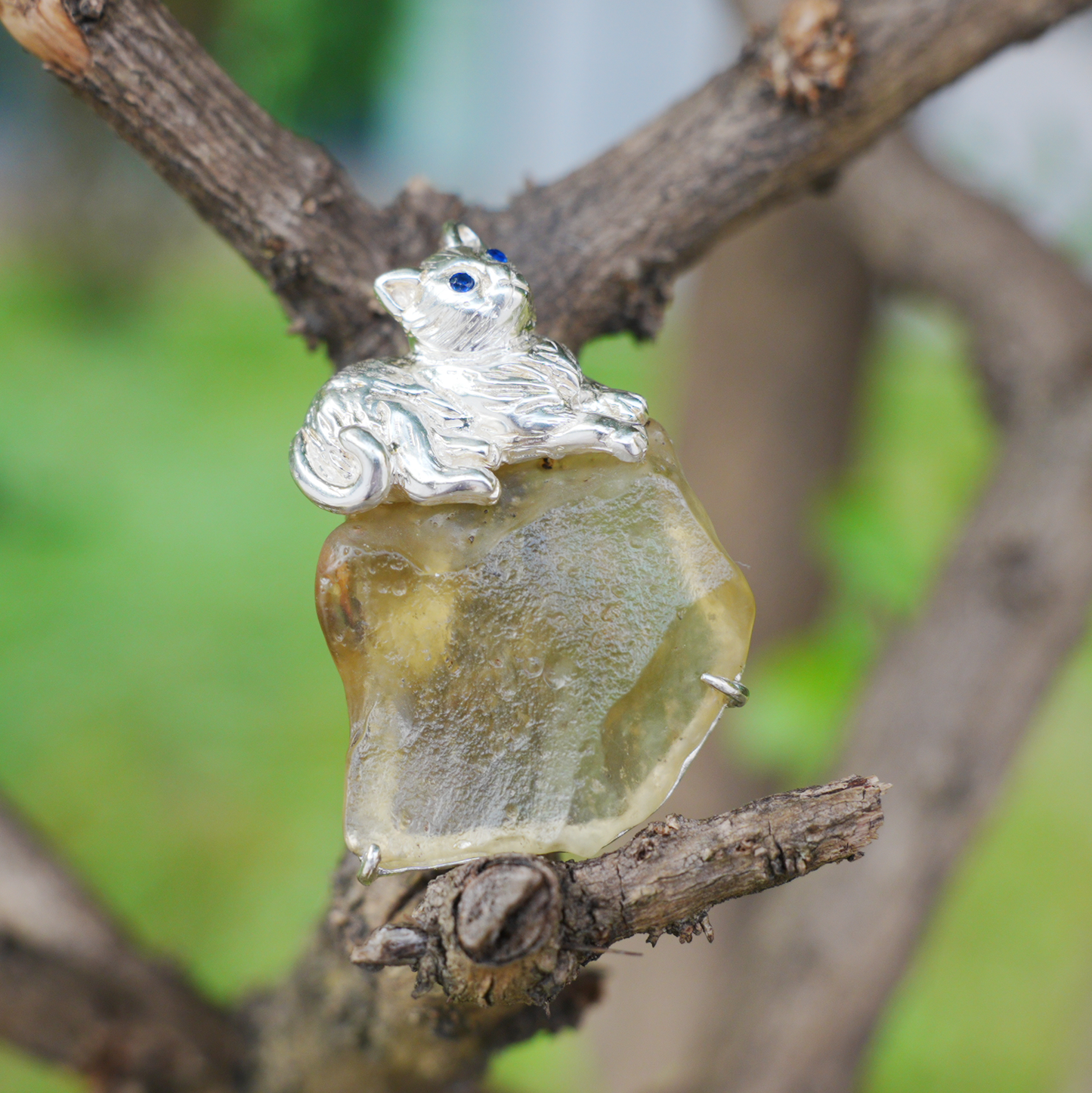 925 Silver Cat Pendant Brooch | Raw Glass Animal Totem Jewelry | Gift for Cat Lovers & Her