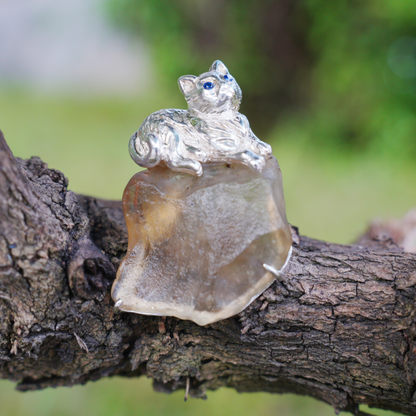 925 Silver Cat Pendant Brooch | Raw Glass Animal Totem Jewelry | Gift for Cat Lovers & Her