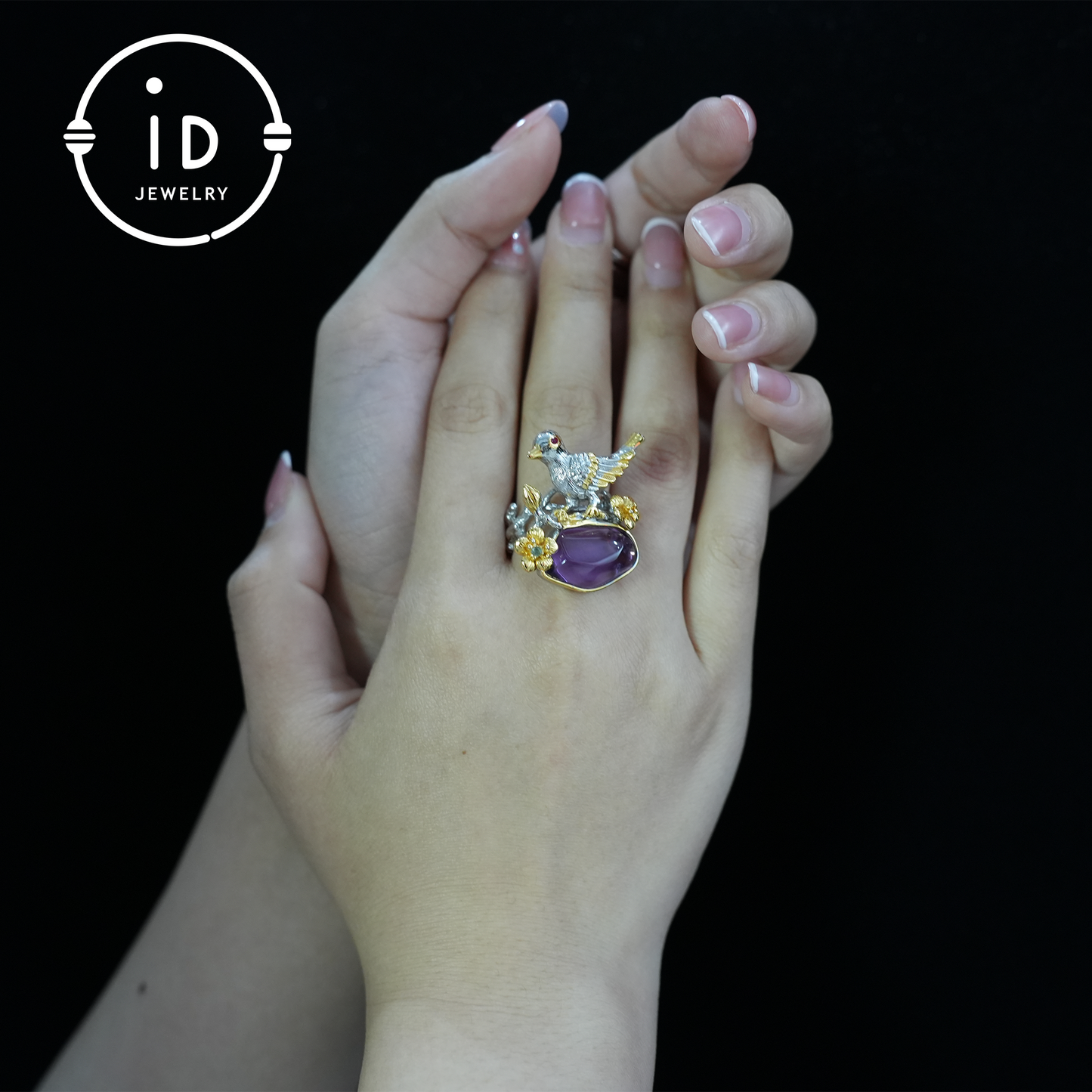 Handmade amethyst bird and flower ring, gold plated design, perfect gift for engagement or anniversary