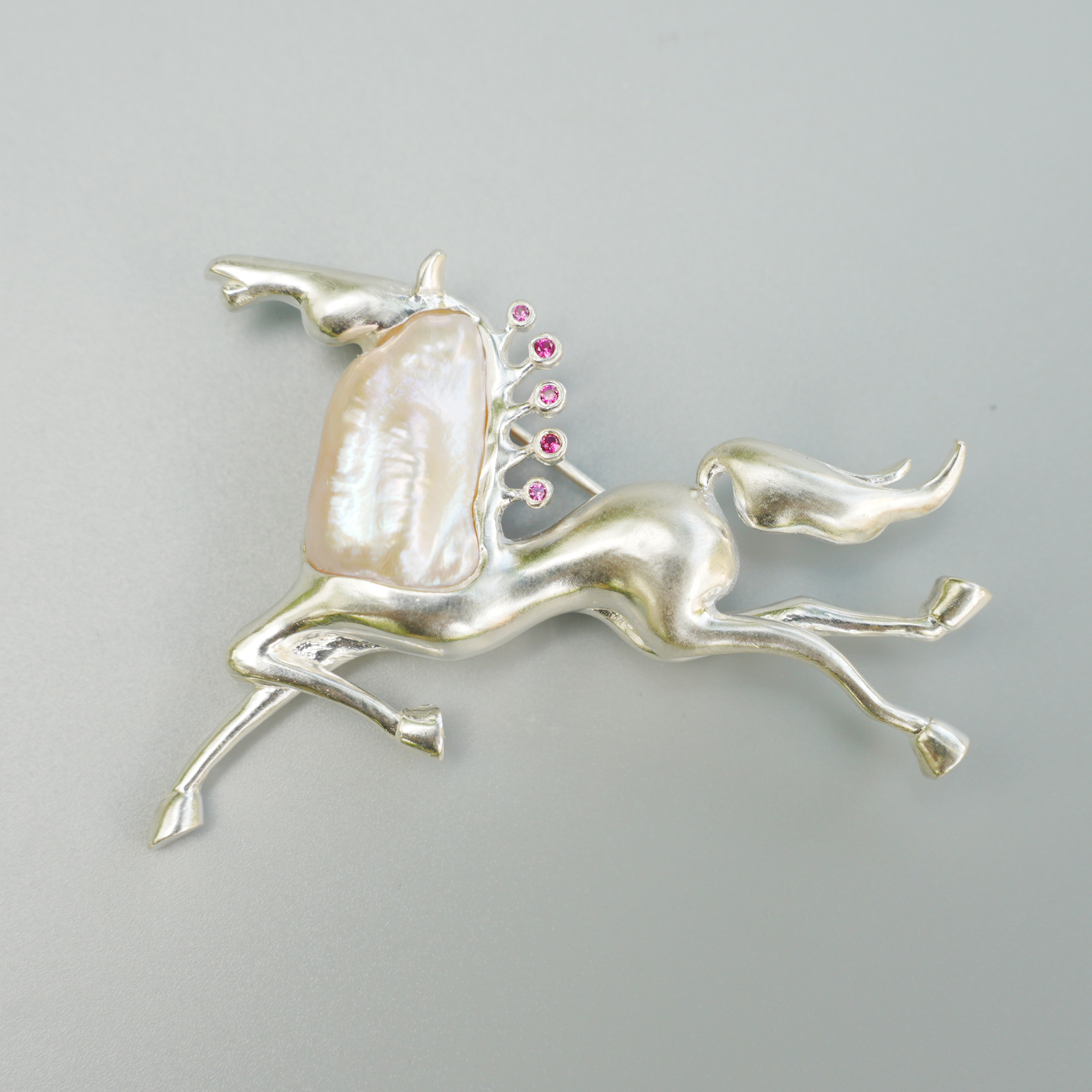 Sterling Silver Horse Pendant Brooch | Pearl & Ruby Totem Jewelry | Gift for Women of Strength