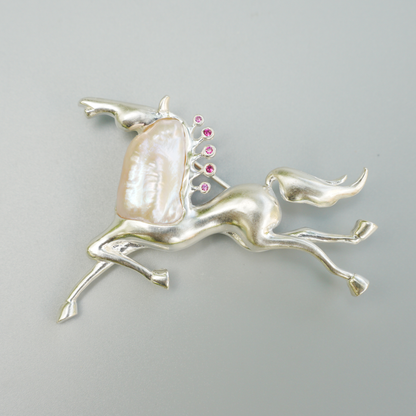 Sterling Silver Horse Pendant Brooch | Pearl & Ruby Totem Jewelry | Gift for Women of Strength