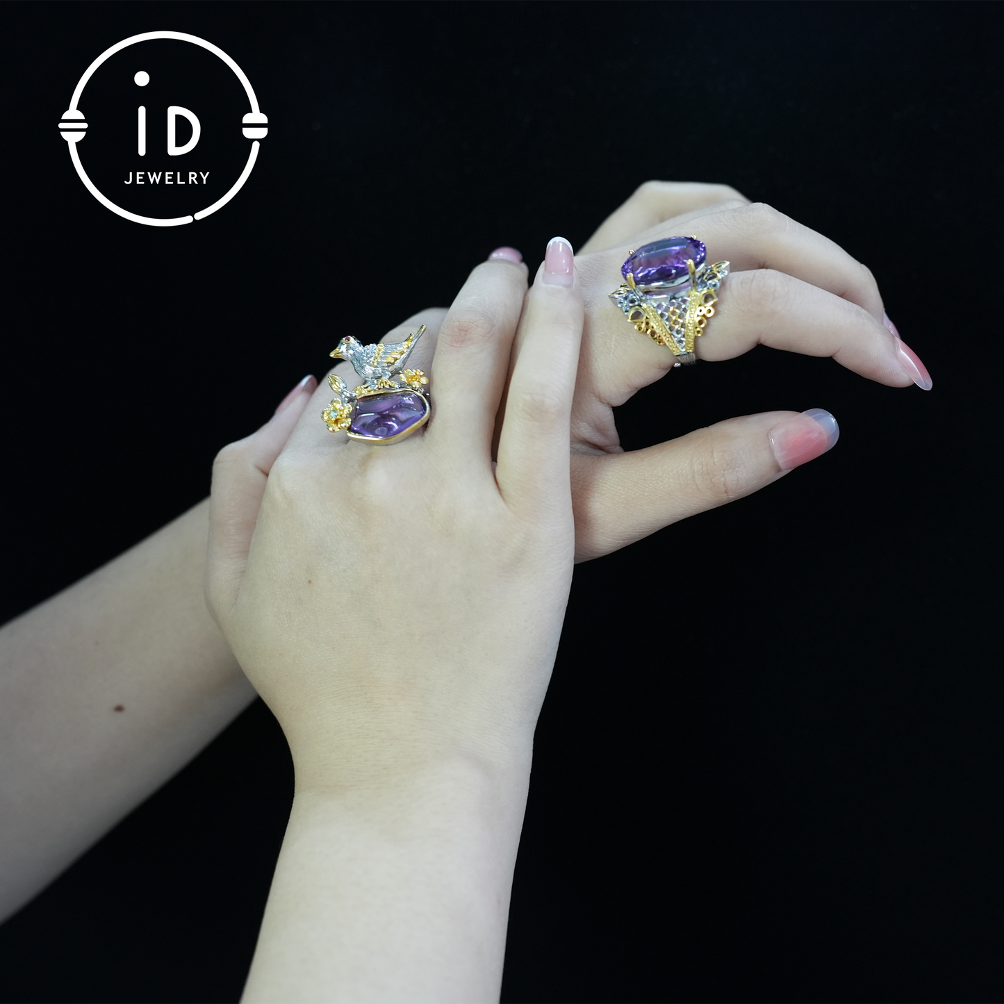 Handmade amethyst bird and flower ring, gold plated design, perfect gift for engagement or anniversary