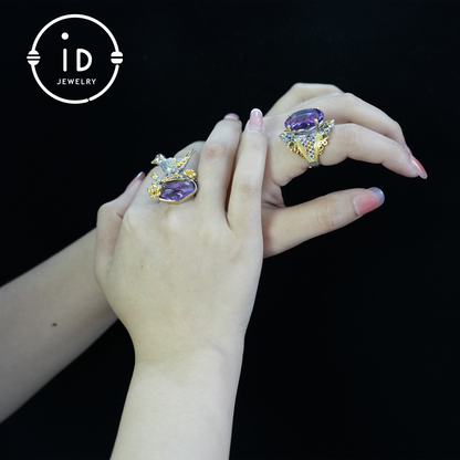Handmade amethyst bird and flower ring, gold plated design, perfect gift for engagement or anniversary