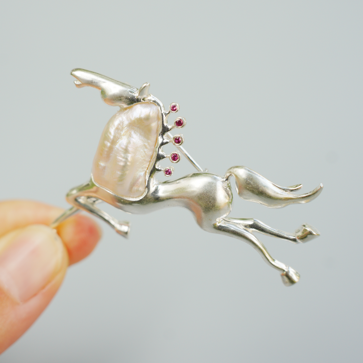 Sterling Silver Horse Pendant Brooch | Pearl & Ruby Totem Jewelry | Gift for Women of Strength