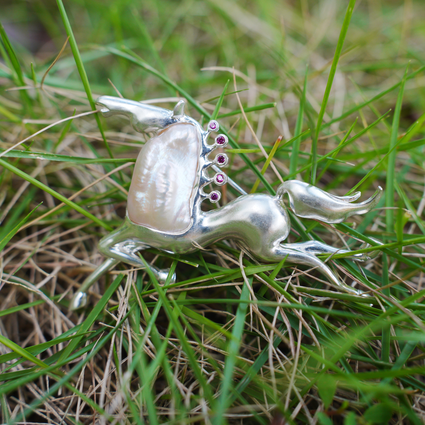 Sterling Silver Horse Pendant Brooch | Pearl & Ruby Totem Jewelry | Gift for Women of Strength