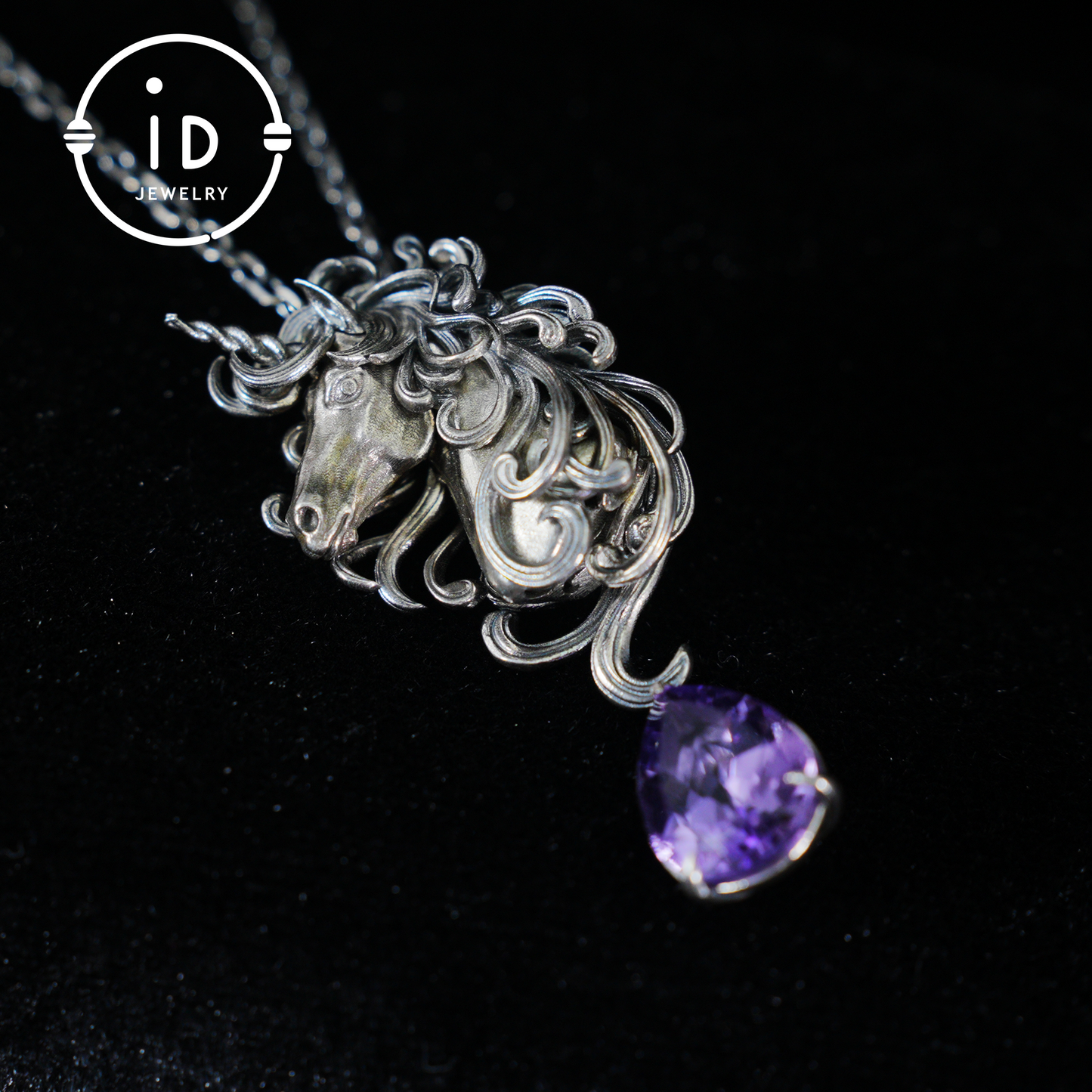 Unicorn Necklace with Amethyst Drop – 925 Sterling Silver Mystical Pendant – Fantasy Spirit Animal Jewelry for Women