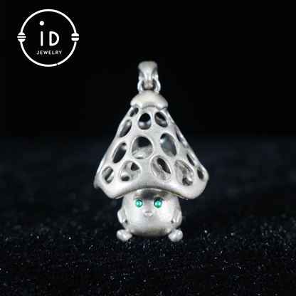Sterling Silver Mushroom Spirit Pendant – Forest Guardian Necklace with Green Zircon Eyes – Fairycore Jewelry Gift for Sensitive Souls