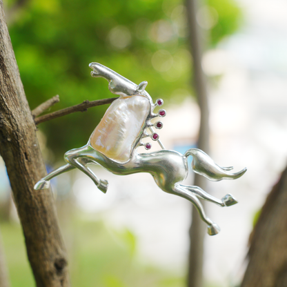 Sterling Silver Horse Pendant Brooch | Pearl & Ruby Totem Jewelry | Gift for Women of Strength