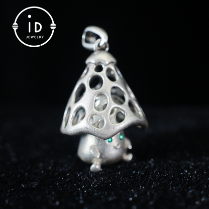 Sterling Silver Mushroom Spirit Pendant – Forest Guardian Necklace with Green Zircon Eyes – Fairycore Jewelry Gift for Sensitive Souls
