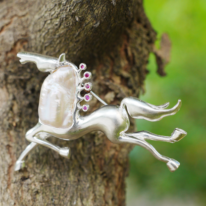 Sterling Silver Horse Pendant Brooch | Pearl & Ruby Totem Jewelry | Gift for Women of Strength