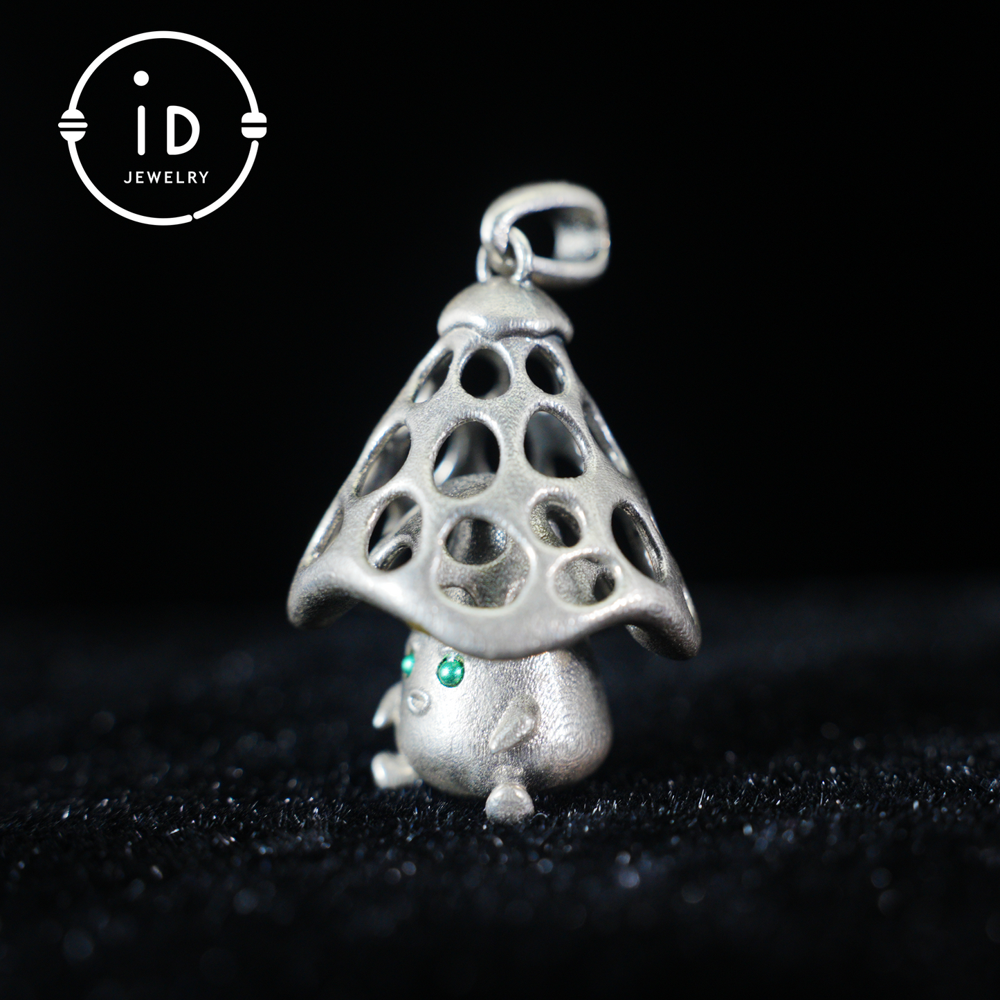 Sterling Silver Mushroom Spirit Pendant – Forest Guardian Necklace with Green Zircon Eyes – Fairycore Jewelry Gift for Sensitive Souls