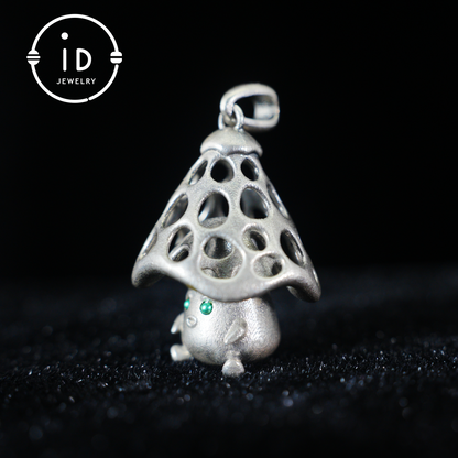 Sterling Silver Mushroom Spirit Pendant – Forest Guardian Necklace with Green Zircon Eyes – Fairycore Jewelry Gift for Sensitive Souls