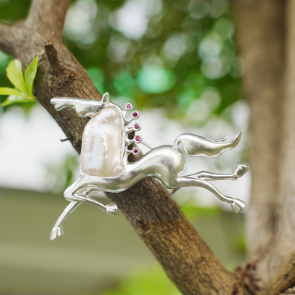 Sterling Silver Horse Pendant Brooch | Pearl & Ruby Totem Jewelry | Gift for Women of Strength
