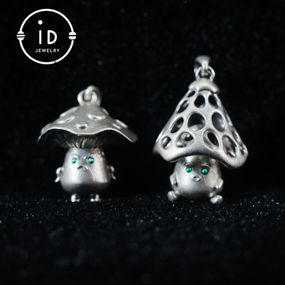 Sterling Silver Mushroom Spirit Pendant – Forest Guardian Necklace with Green Zircon Eyes – Fairycore Jewelry Gift for Sensitive Souls