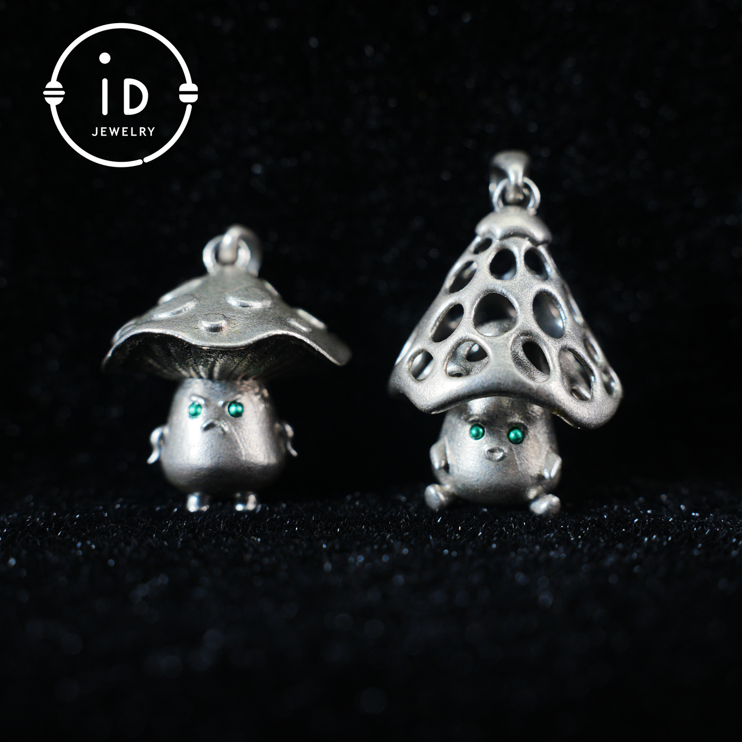 Sterling Silver Mushroom Pendant with Green Gem Eyes – Fantasy Forest Creature Necklace – Cute Emotional Support Jewelry Gift