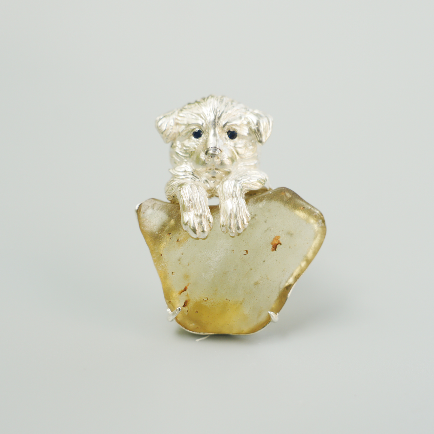 925 Silver Dog Pendant Brooch | Libyan Desert Glass Totem Jewelry | Healing Gift for Pet Lovers