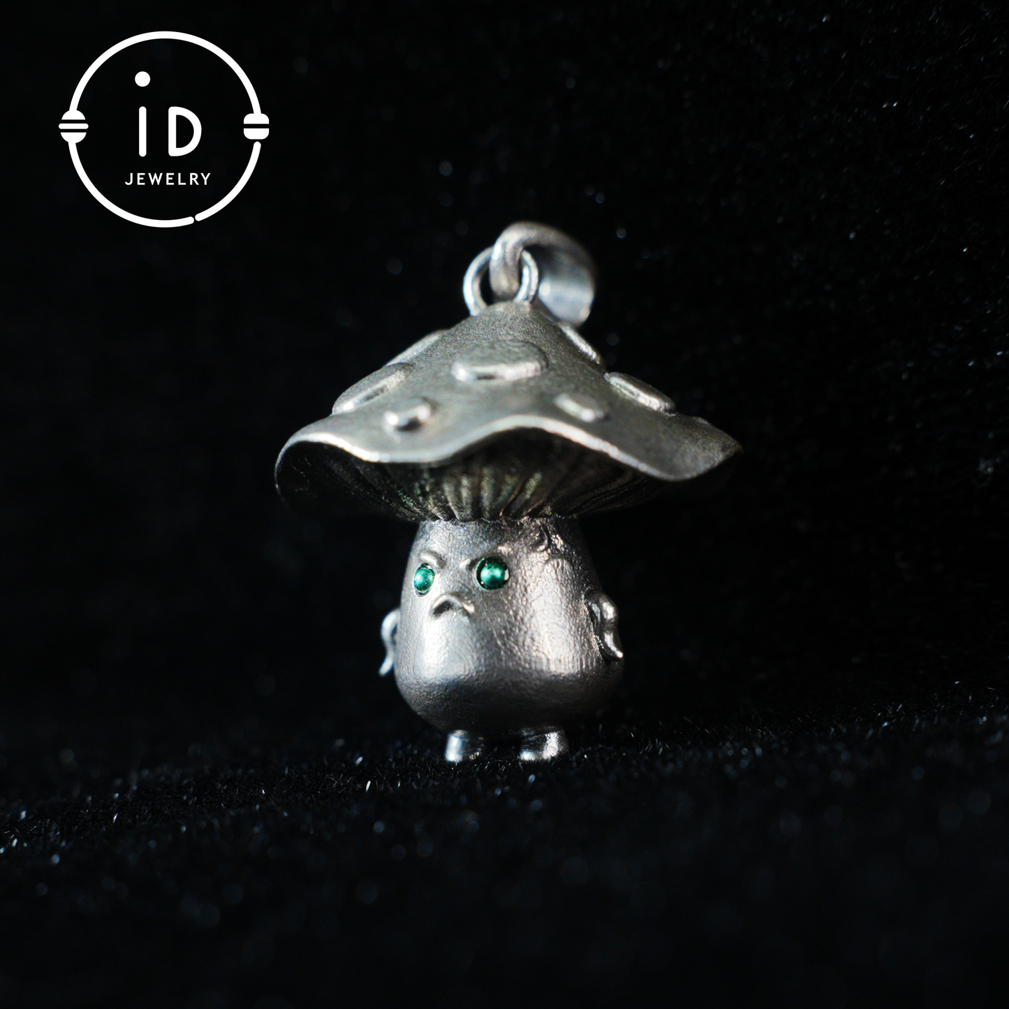 Sterling Silver Mushroom Pendant with Green Gem Eyes – Fantasy Forest Creature Necklace – Cute Emotional Support Jewelry Gift