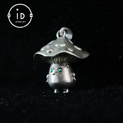 Sterling Silver Mushroom Pendant with Green Gem Eyes – Fantasy Forest Creature Necklace – Cute Emotional Support Jewelry Gift