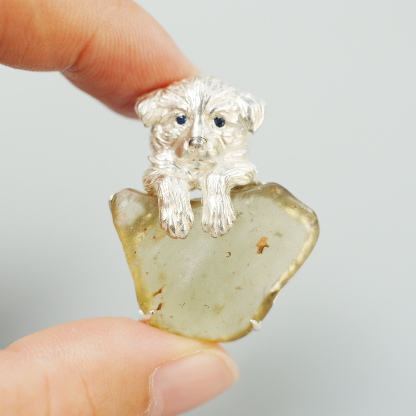 925 Silver Dog Pendant Brooch | Libyan Desert Glass Totem Jewelry | Healing Gift for Pet Lovers